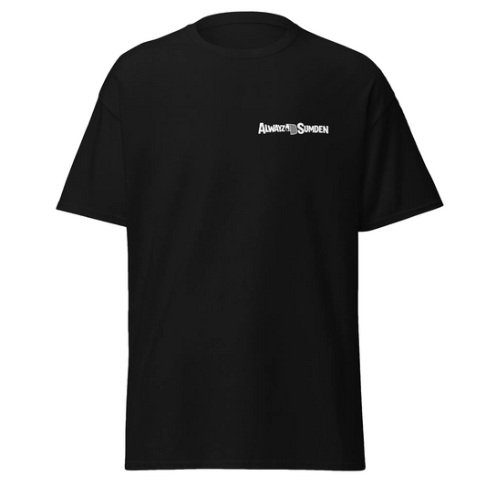 Black t-shirt with a logo on the chest against a white background
