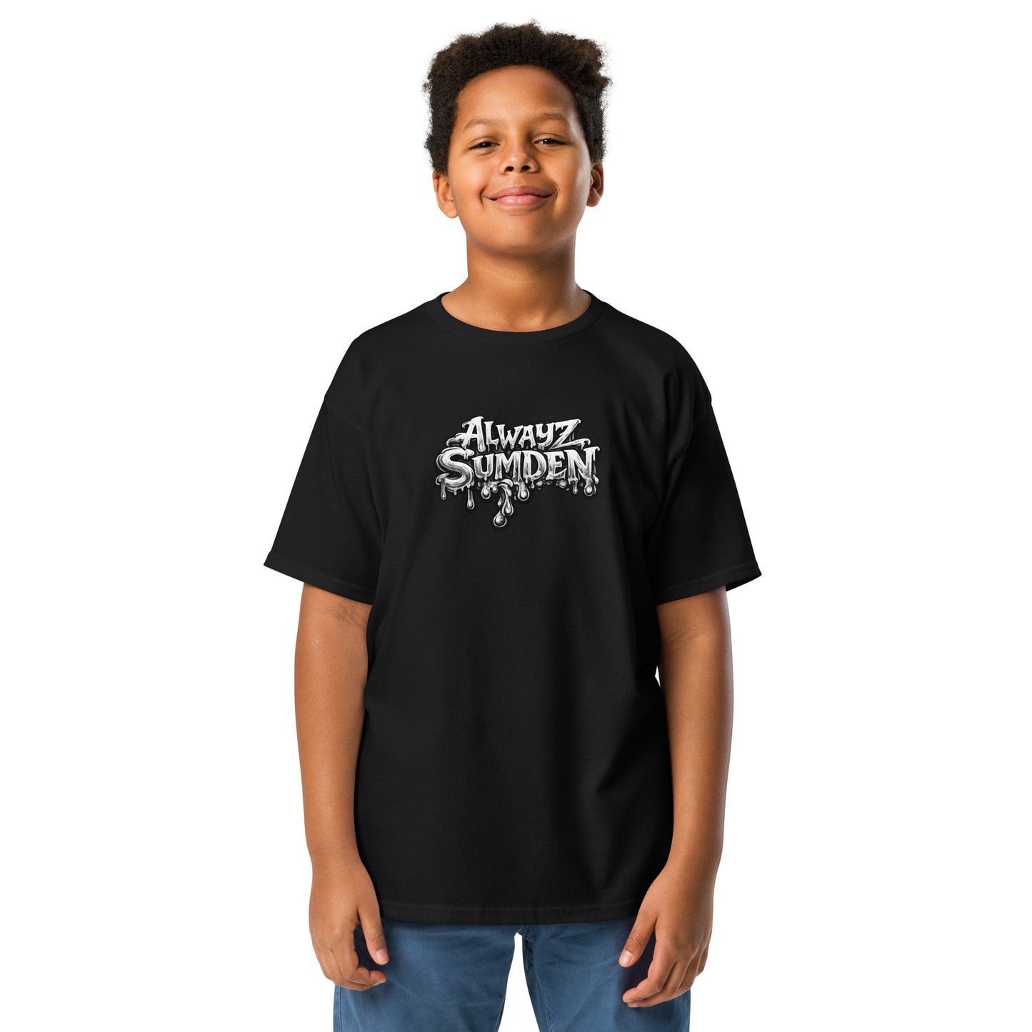 Alwayz Sumden Airball Al character black youth t shirt. Basketball head with hat and puke design on back. The face your brain makes