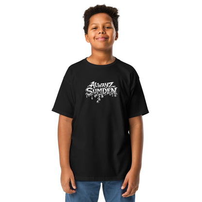 Alwayz Sumden Airball Al character black youth t shirt. Basketball head with hat and puke design on back. The face your brain makes