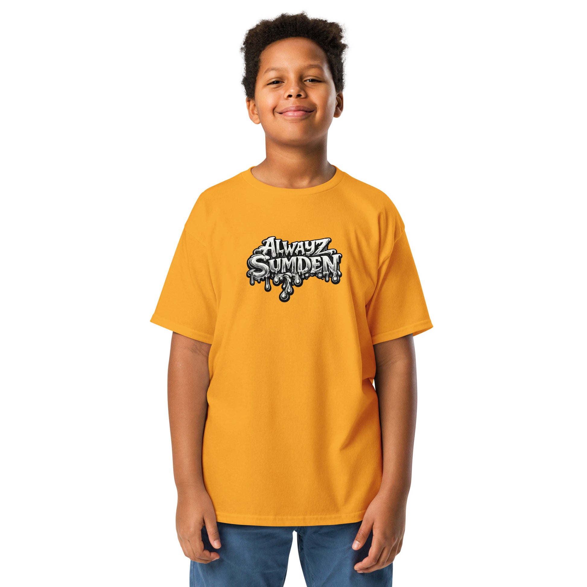 Alwayz Sumden Airball Al character orange youth t shirt. Basketball head with hat and puke design on back. The face your brain makes