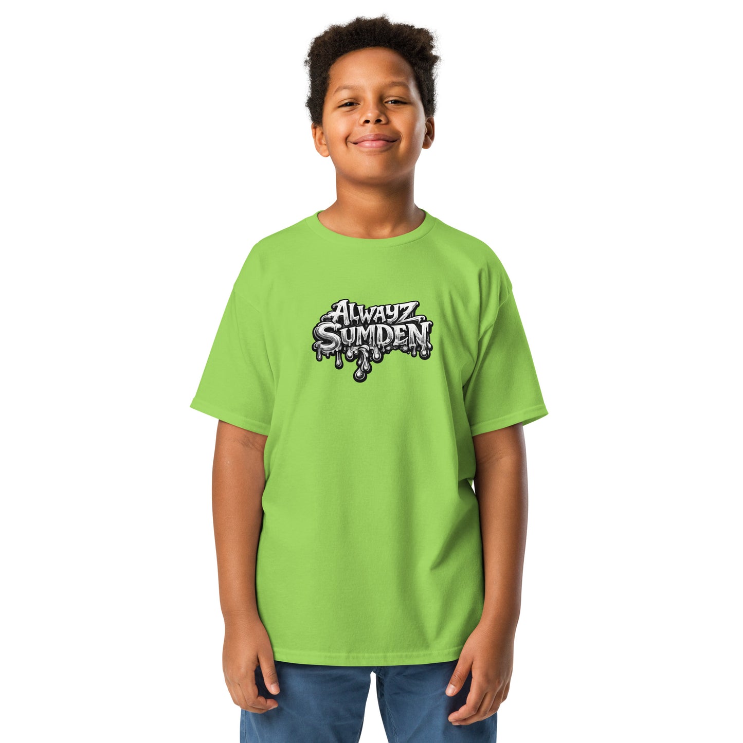 Alwayz Sumden Airball Al character green youth t shirt. Basketball head with hat and puke design on back. The face your brain makes