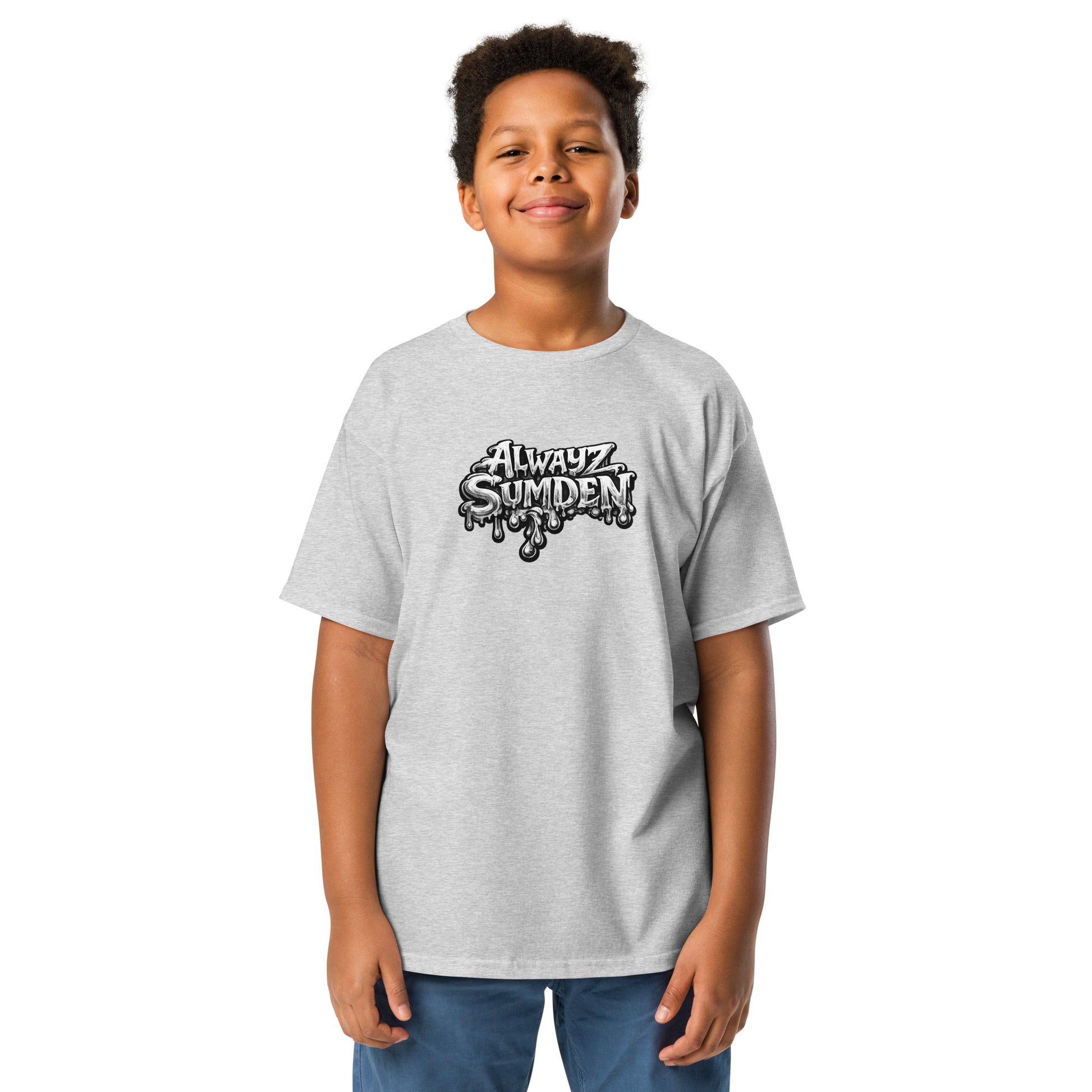 Alwayz Sumden Airball Al character gray youth t shirt. Basketball head with hat and puke design on back. The face your brain makes