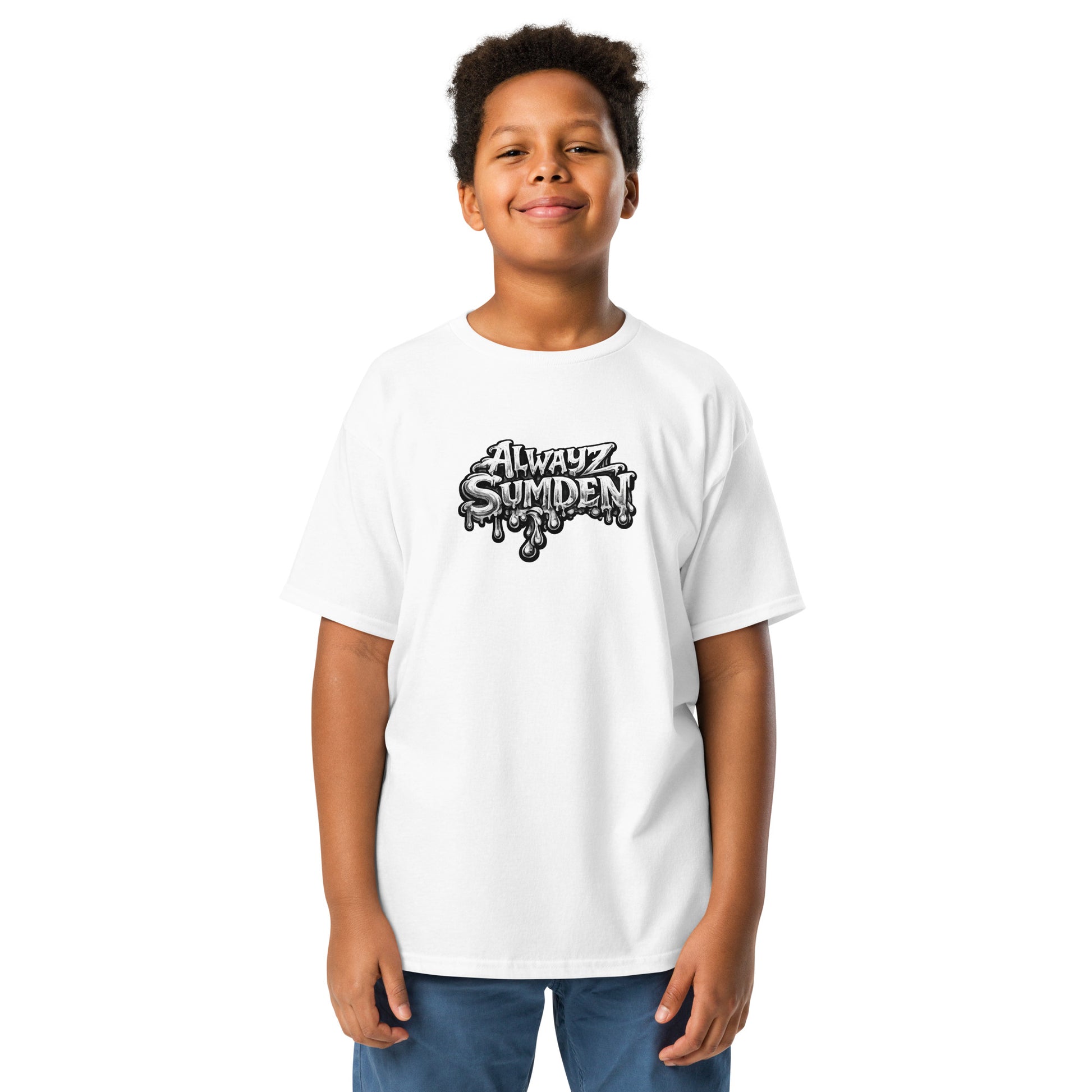 Alwayz Sumden Airball Al character white youth t shirt. Basketball head with hat and puke design on back. The face your brain makes