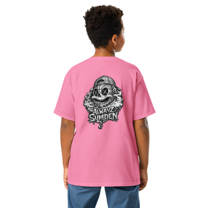 Alwayz Sumden Airball Al character pink youth t shirt. Basketball head with hat and puke design. The face your brain makes