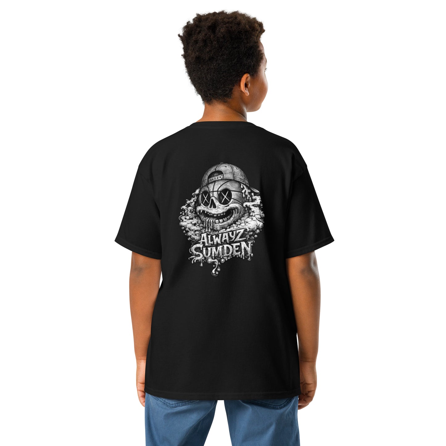 Alwayz Sumden Airball Al character black youth t shirt. Basketball head with hat and puke design. The face your brain makes