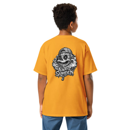 Alwayz Sumden Airball Al character orange youth t shirt. Basketball head with hat and puke design. The face your brain makes