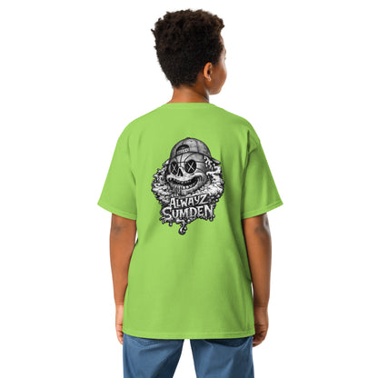 Alwayz Sumden Airball Al character green youth t shirt. Basketball head with hat and puke design. The face your brain makes