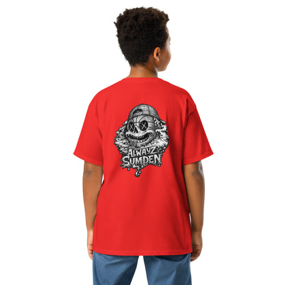 Alwayz Sumden Airball Al character red youth t shirt. Basketball head with hat and puke design. The face your brain makes