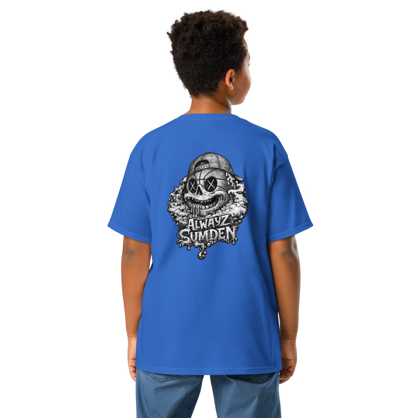Alwayz Sumden Airball Al character blue youth t shirt. Basketball head with hat and puke design. The face your brain makes