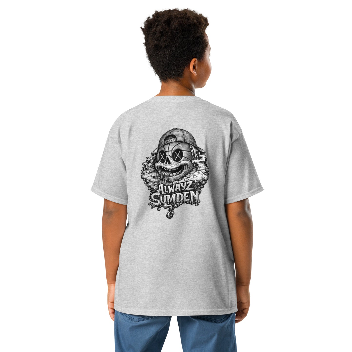 Alwayz Sumden Airball Al character gray youth t shirt. Basketball head with hat and puke design. The face your brain makes