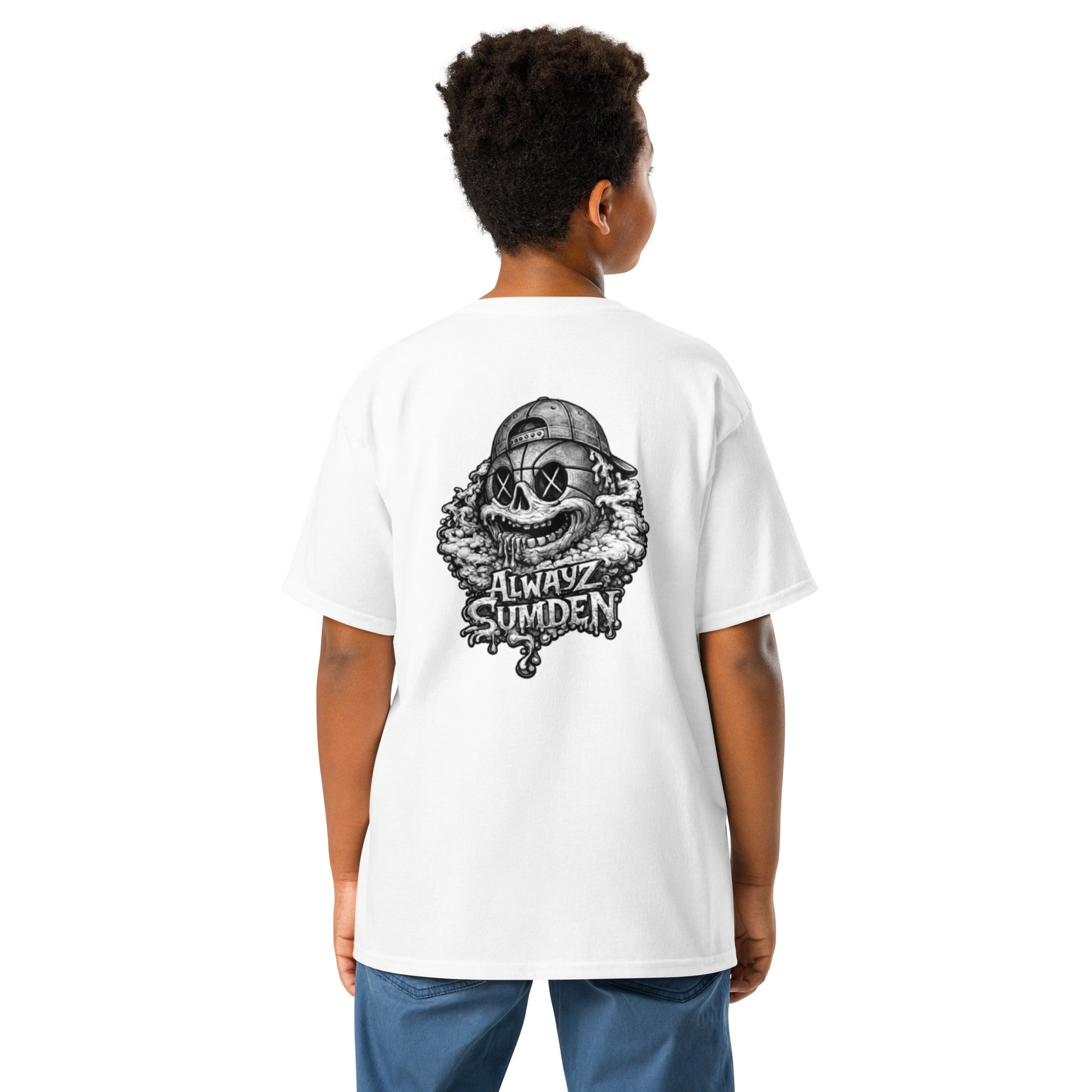Alwayz Sumden Airball Al character white youth t shirt. Basketball head with hat and puke design. The face your brain makes