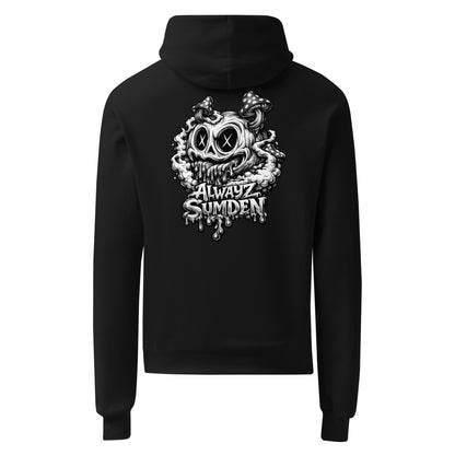 Alwayz Sumden black hoodie with mushroom head puke graphic design. The face your brain makes