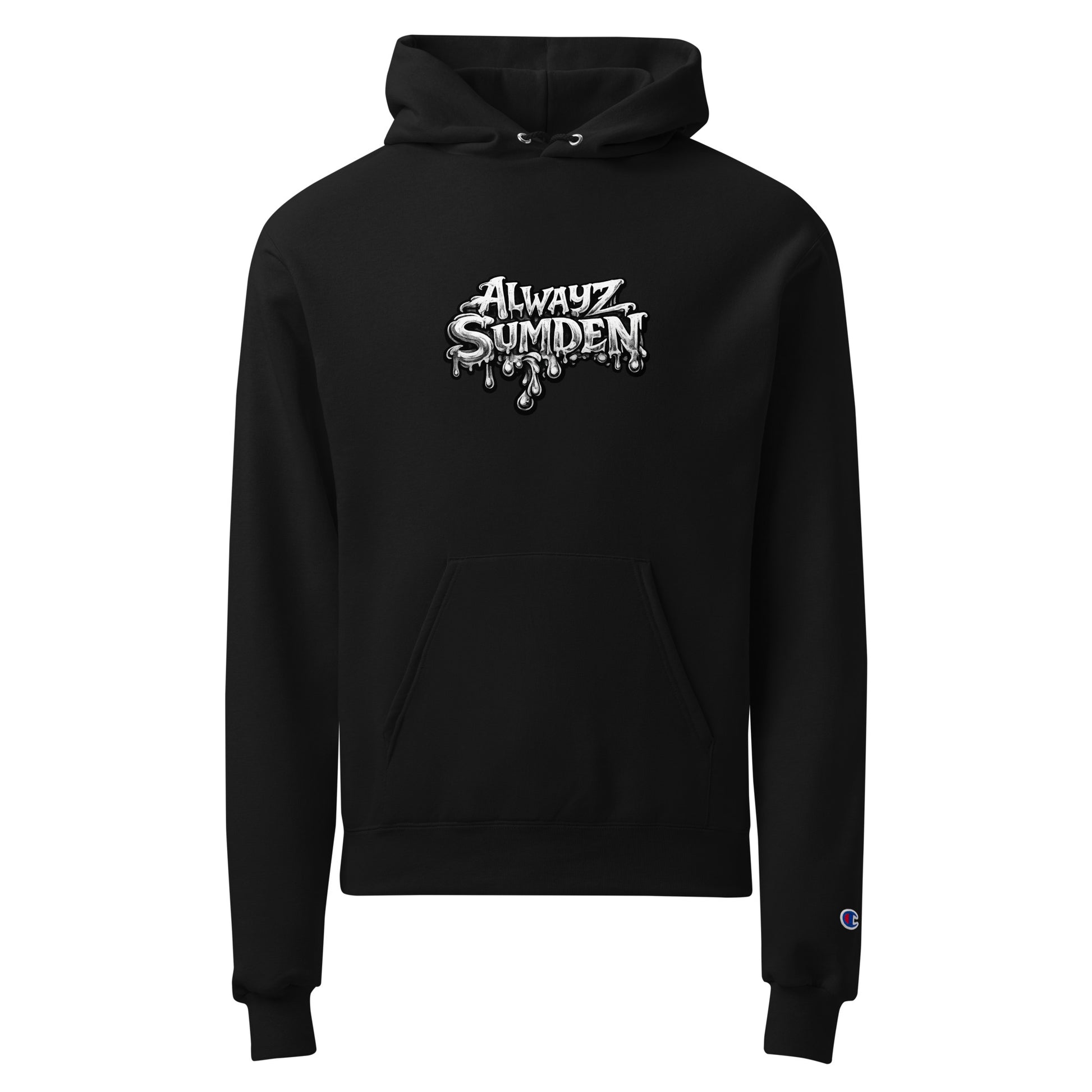 Alwayz Sumden black hoodie with mushroom head puke graphic design. The face your brain makes