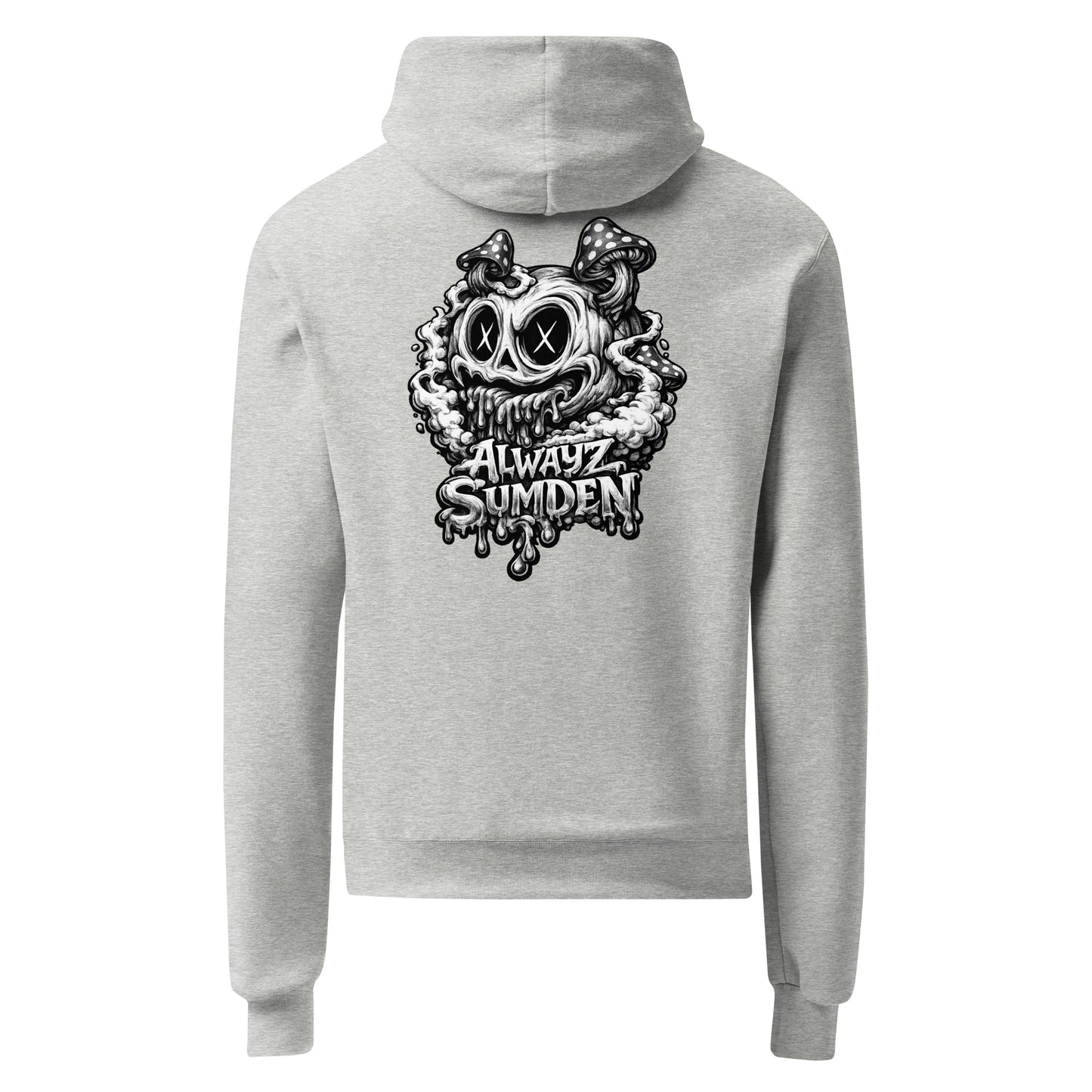 Alwayz Sumden gray hoodie with mushroom head puke graphic design. The face your brain makes