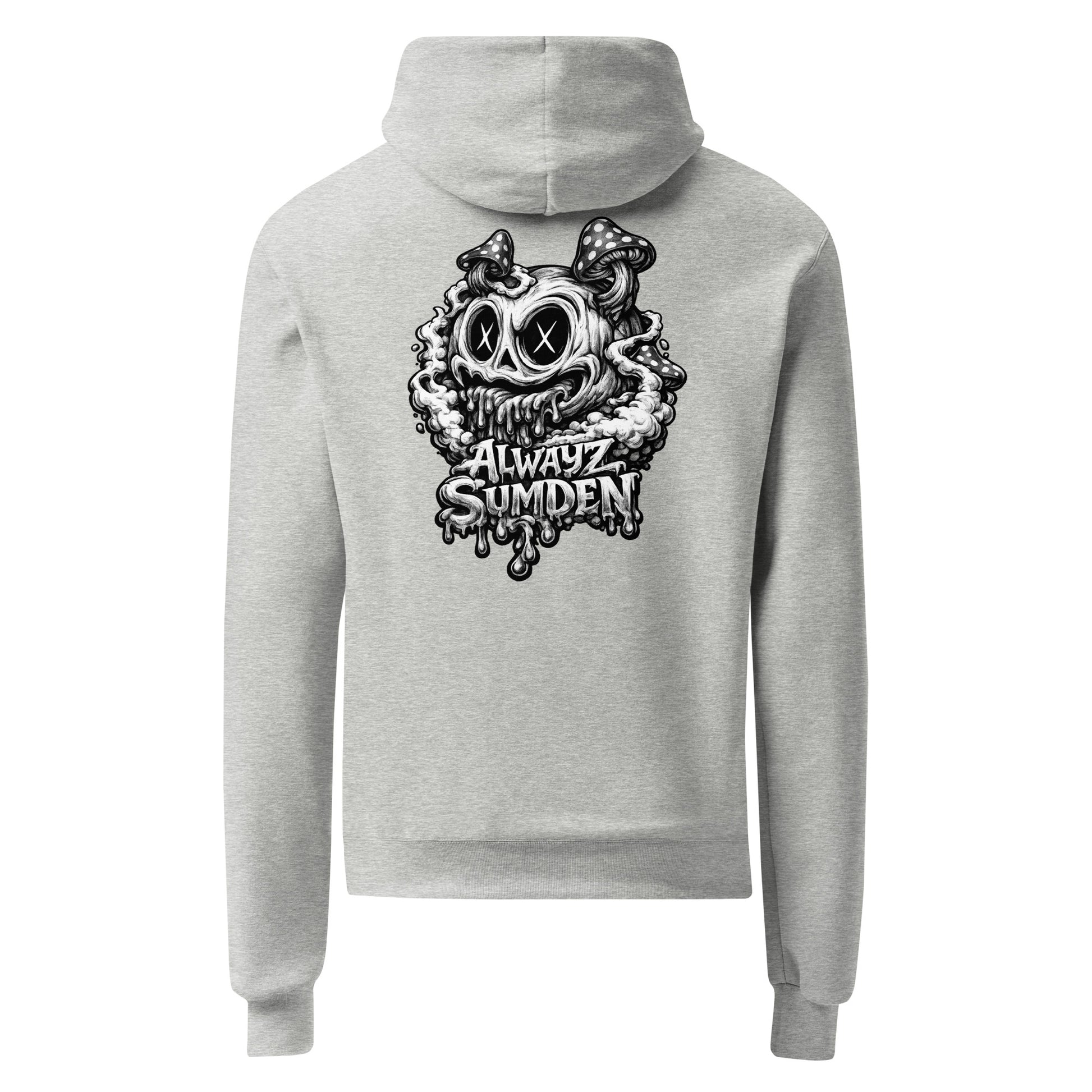 Alwayz Sumden gray hoodie with mushroom head puke graphic design. The face your brain makes
