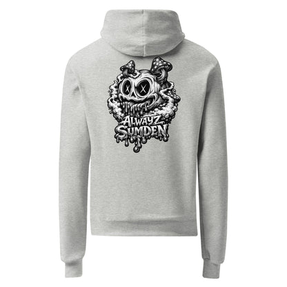 Alwayz Sumden gray hoodie with mushroom head puke graphic design. The face your brain makes