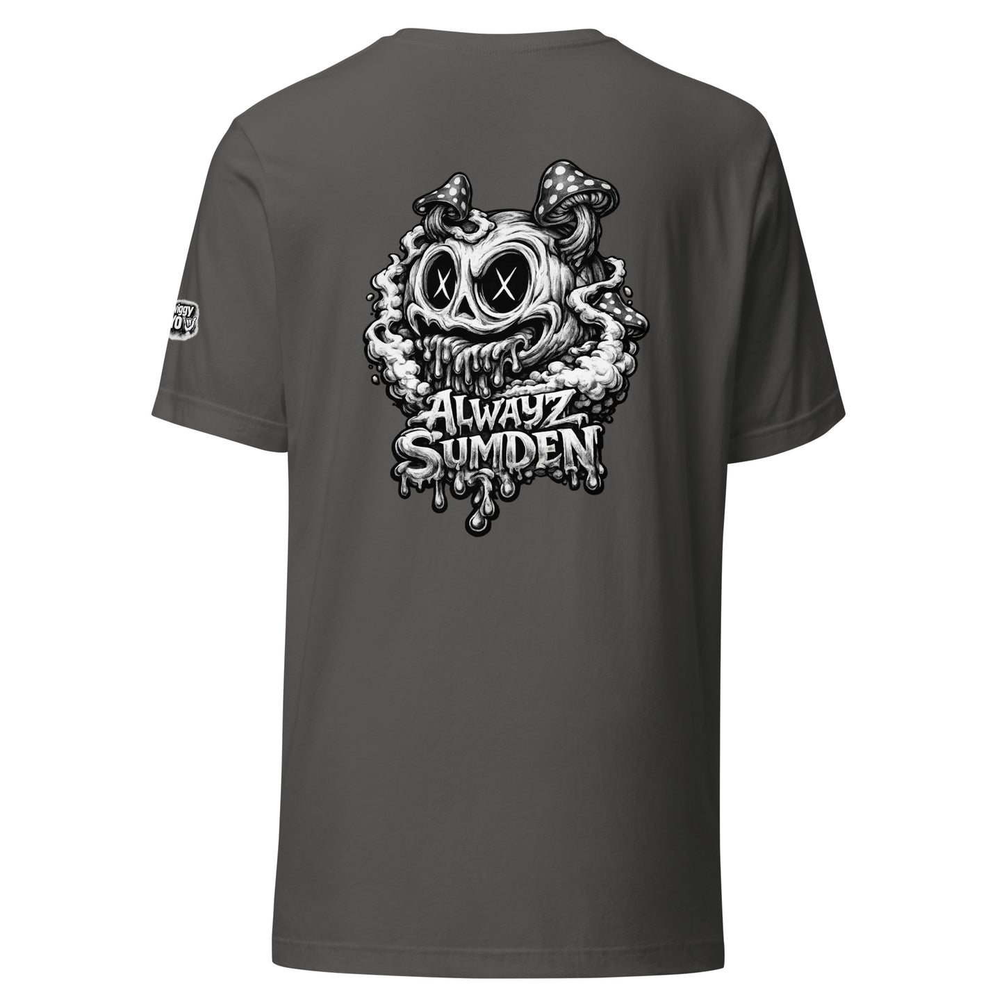 Alwayz Sumden dark gray t-shirt with mushroom head puke graphic design. The face your brain makes