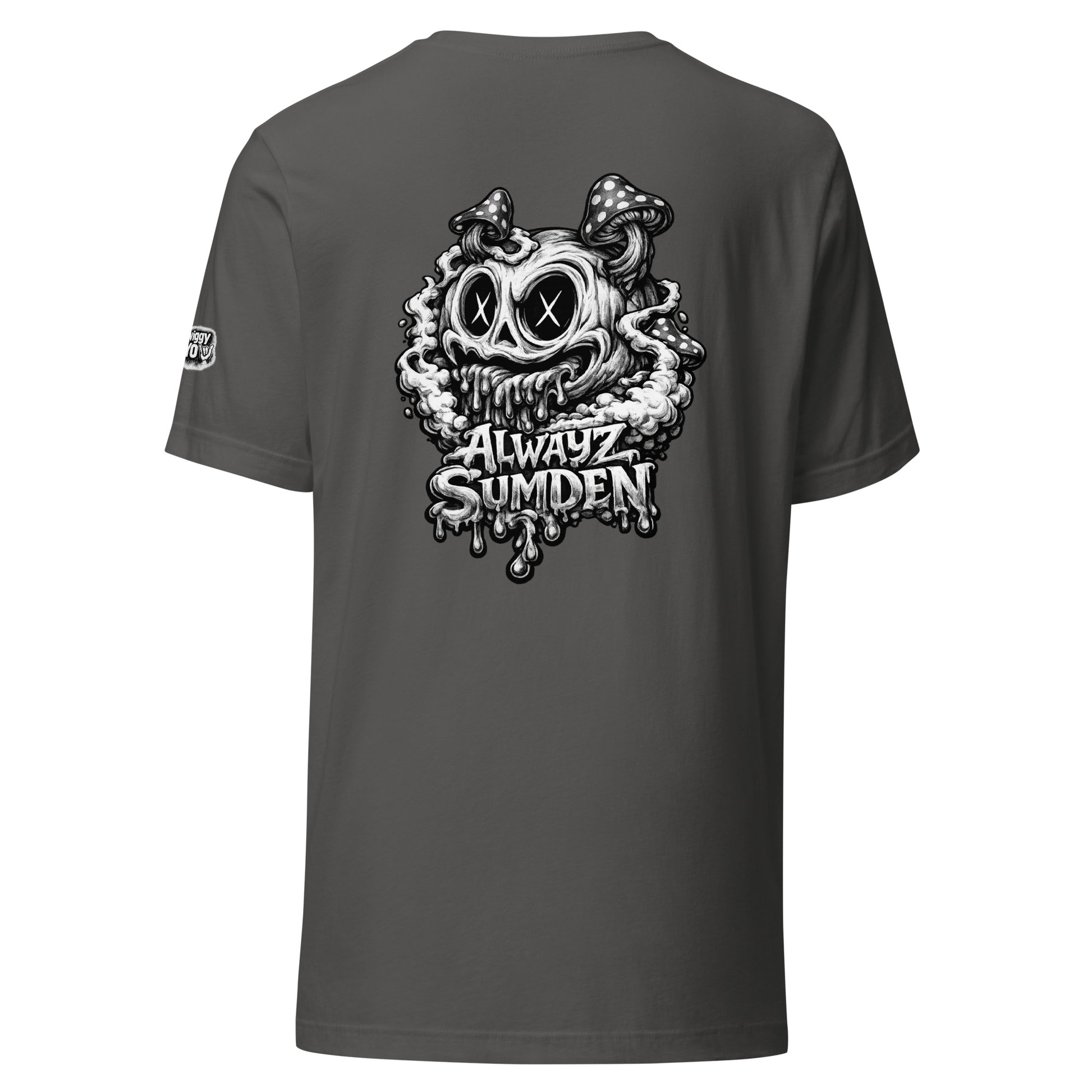 Alwayz Sumden dark gray t-shirt with mushroom head puke graphic design. The face your brain makes