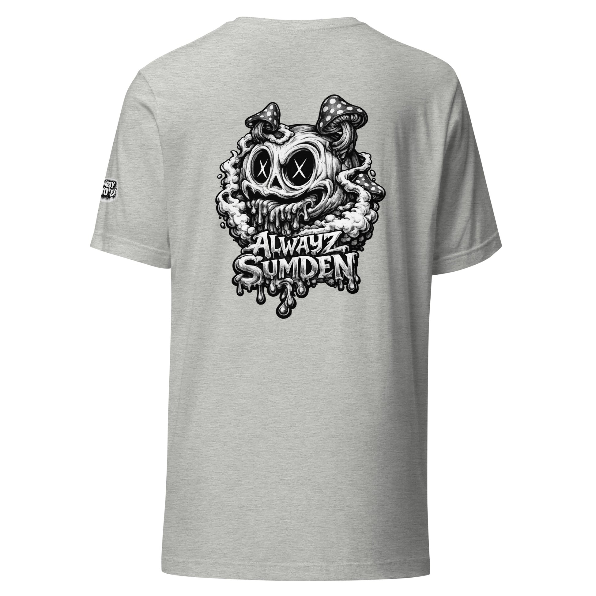 Alwayz Sumden gray t-shirt with mushroom head puke graphic design. The face your brain makes