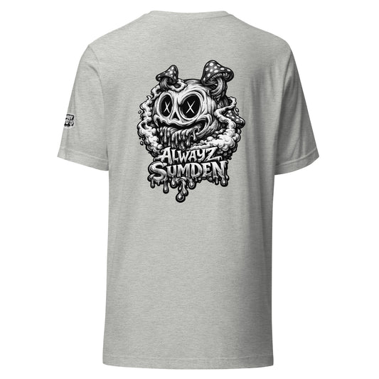 Alwayz Sumden gray t-shirt with mushroom head puke graphic design. The face your brain makes