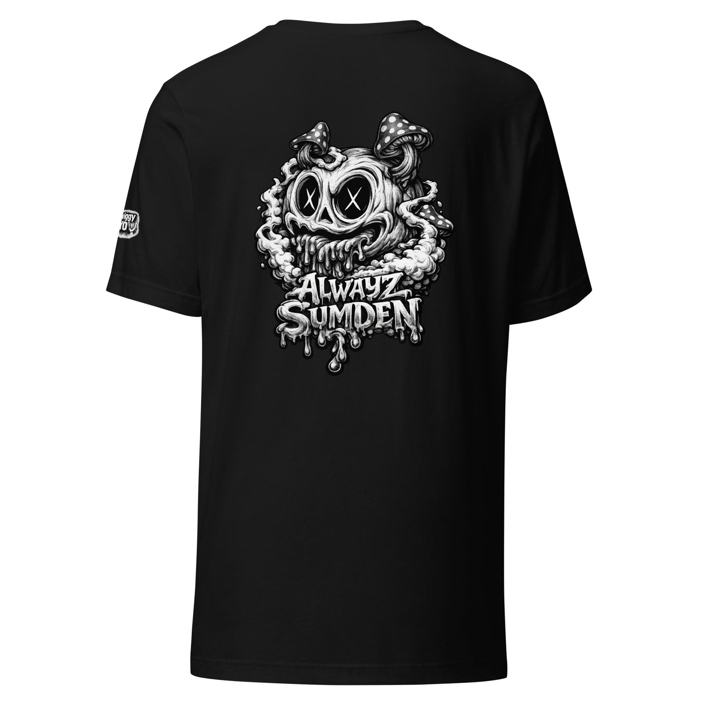 Alwayz Sumden black t-shirt with mushroom head puke graphic design. The face your brain makes