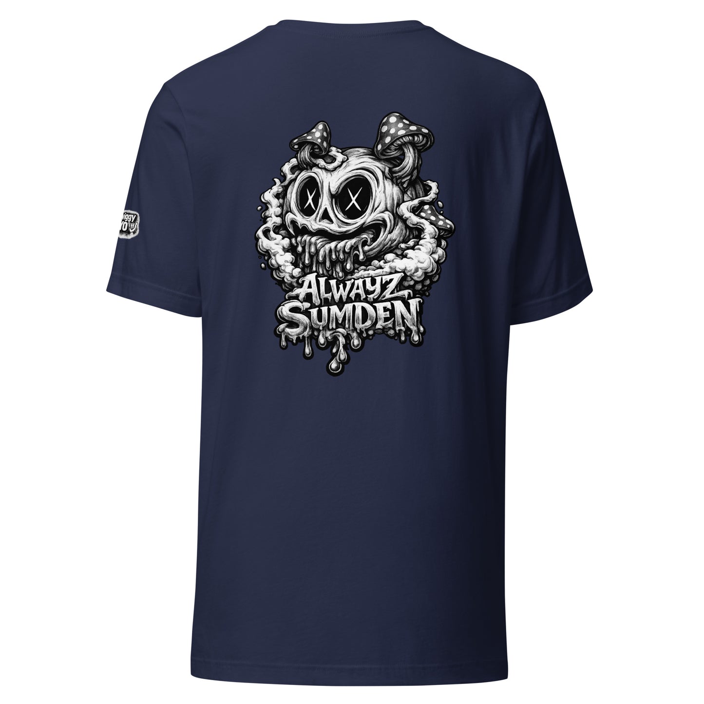 Alwayz Sumden navy t-shirt with mushroom head puke graphic design. The face your brain makes