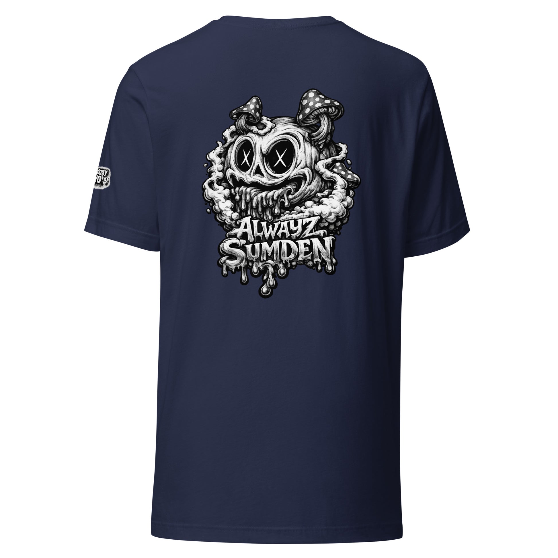 Alwayz Sumden navy t-shirt with mushroom head puke graphic design. The face your brain makes
