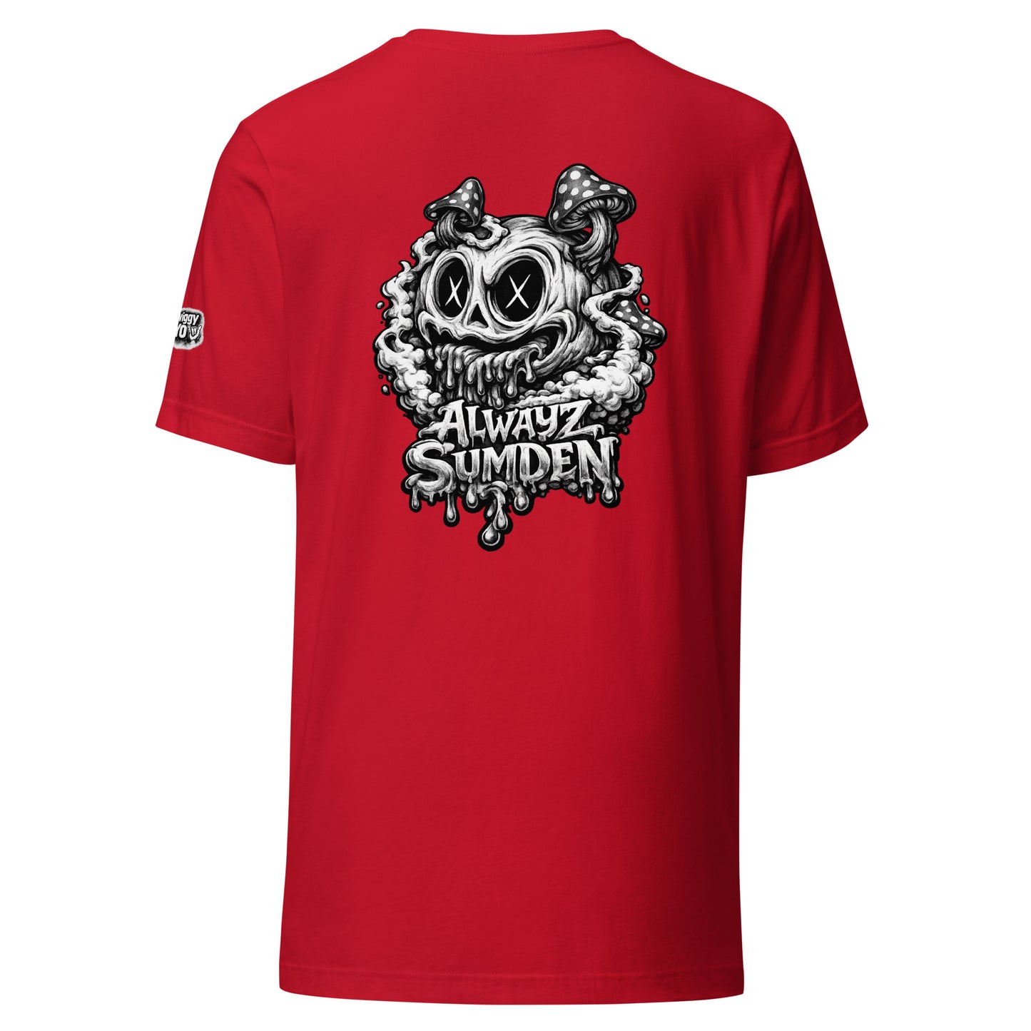 Alwayz Sumden red t-shirt with mushroom head puke graphic design. The face your brain makes