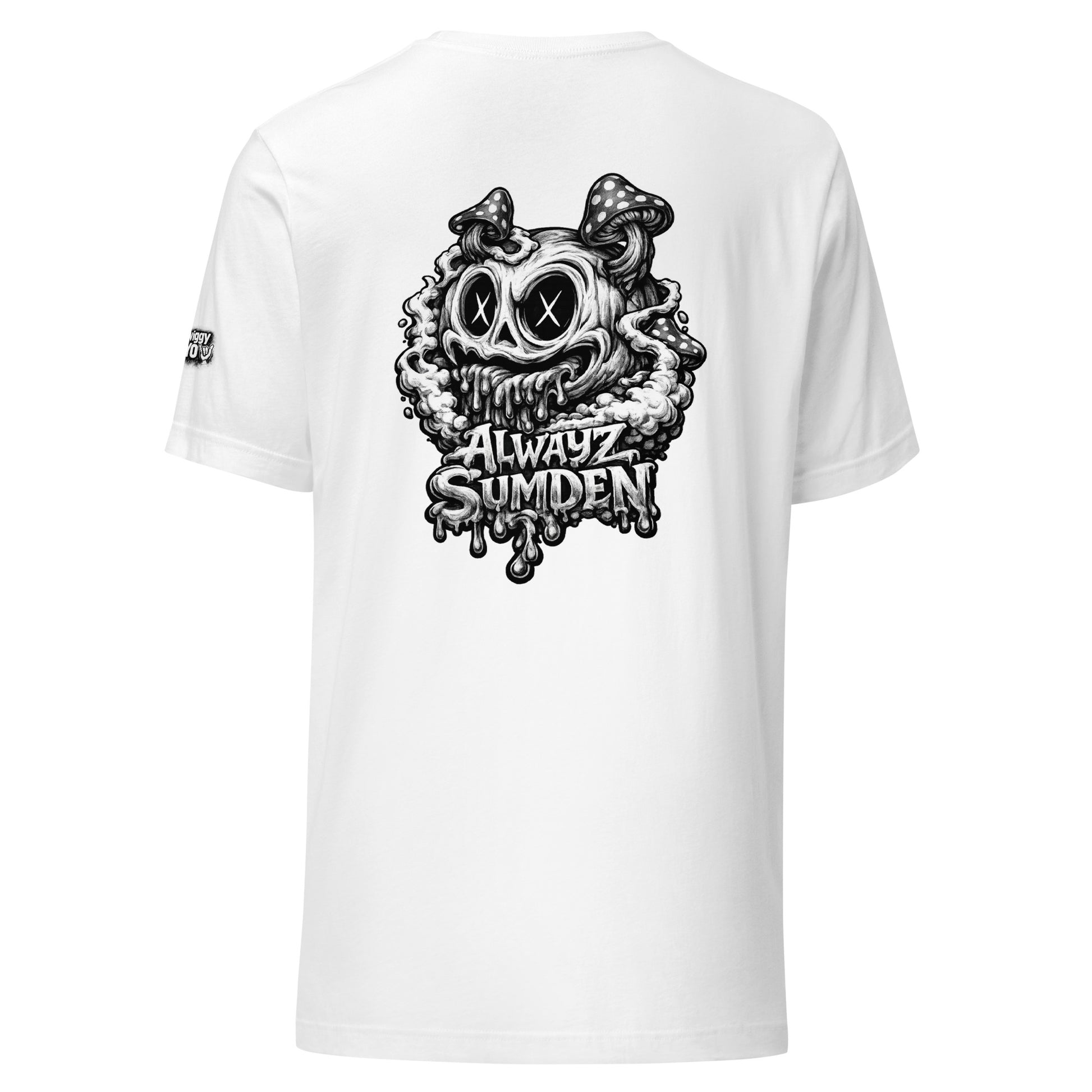 Alwayz Sumden White t-shirt with mushroom head puke graphic design. The face your brain makes