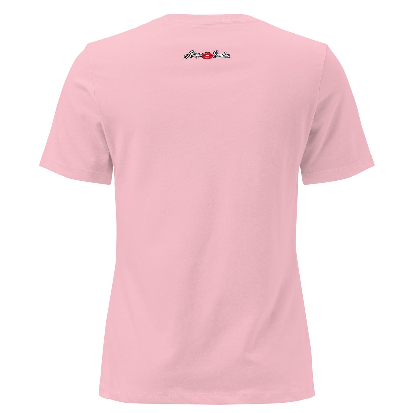 Alwayz Sumden women's relaxed t-shirt featuring red smudged lipstick design in pink