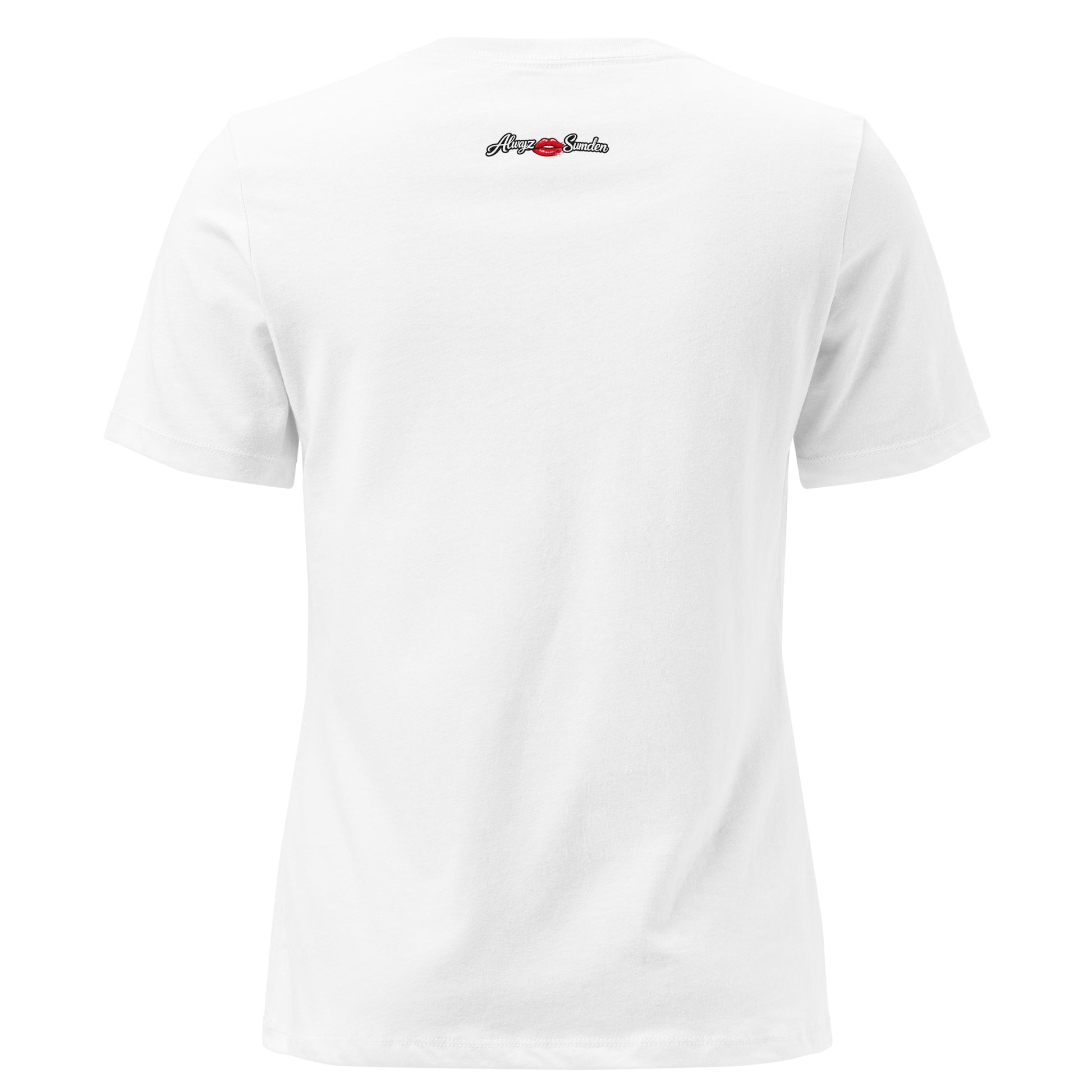 Alwayz Sumden women's relaxed t-shirt featuring red smudged lipstick design in white